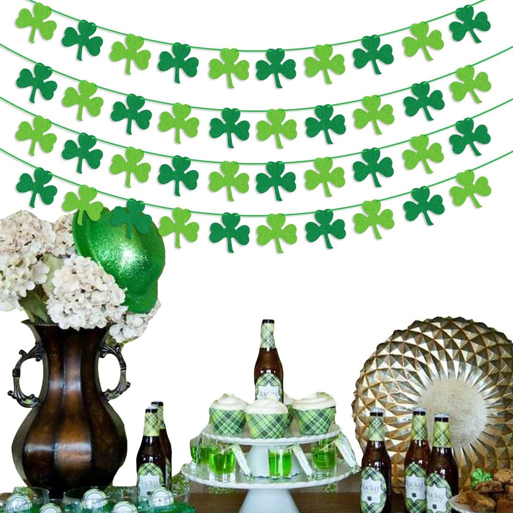 St Patricks Day Decorations 4PCS Felt Shamrock Garland Banner - NO DIY Shamrock Clover Garland Banner for St Patricks Day Decor - Dark Green Light