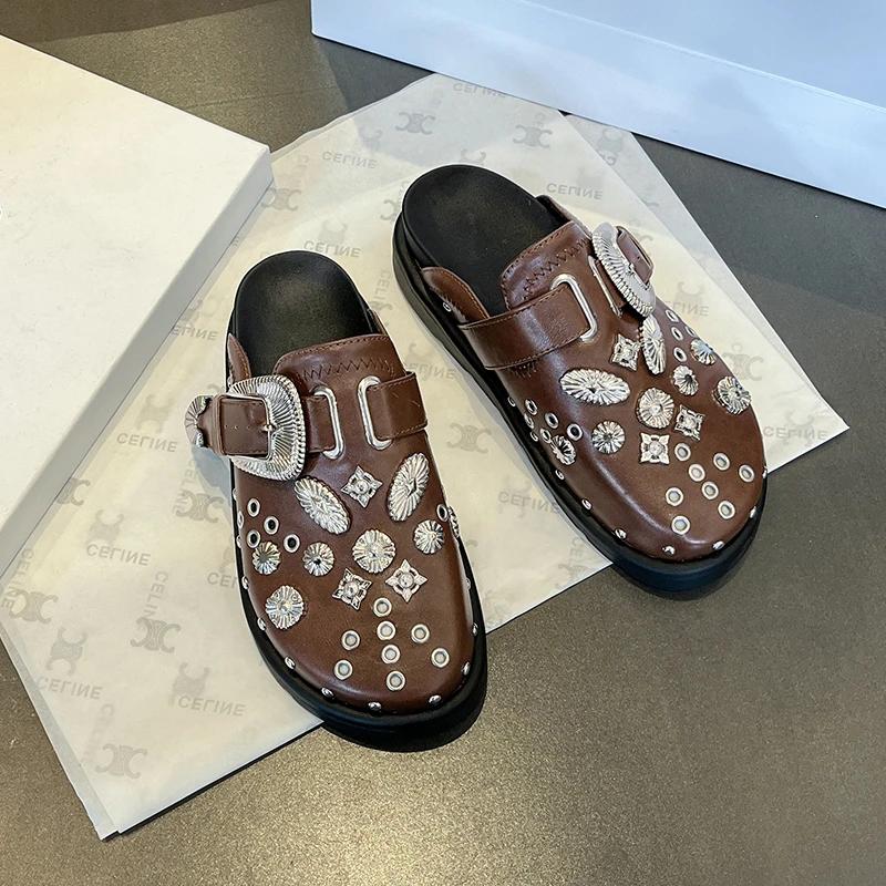 Summer Women Slippers Platform Rivets Punk Rock Leather Mules Creative Metal Fittings Casual Party Shoes Female Outdoor