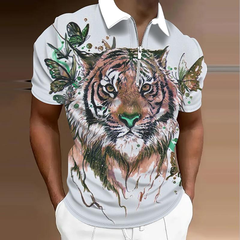 Men's  Shirt Polo Casual Zip Short Sleeve Fashion Casual Zipper Summer Spring Regular Fit 3D Tiger Print Shirt