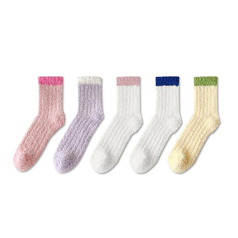 5 Pairs Soft Socks Autumn Winter Mid-tude Candy Colors Floor Coral Velvet Comfortable Sleeping Stockings Kawai Girls Style Socks