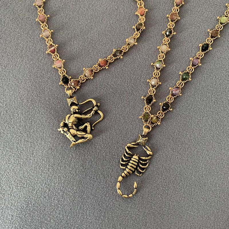 British Retro Tourmaline Handmade Necklace - Gold-Plated Brass with Scorpion Archer Design