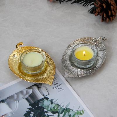 1PC Luxury Nordic Natural Wind Leaf Shape Gold Silver Candle Holder Tea Wax Small Round Candle Transparent Container Table Top Decoration Candle