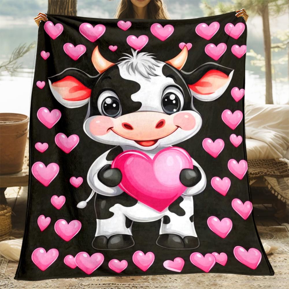 

1pc Cute Cow Holding Pink Heart Fleece Blanket Cartoon Animal Love Theme Soft Cozy Throw for Valentines Day Gift 75x100cm