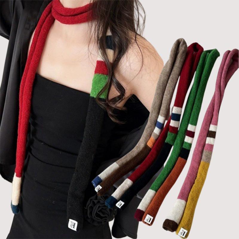 Gestreifter Farbpassender Retro Gestrickter Wollschal Schmaler Langer Schal für Damen Frühling