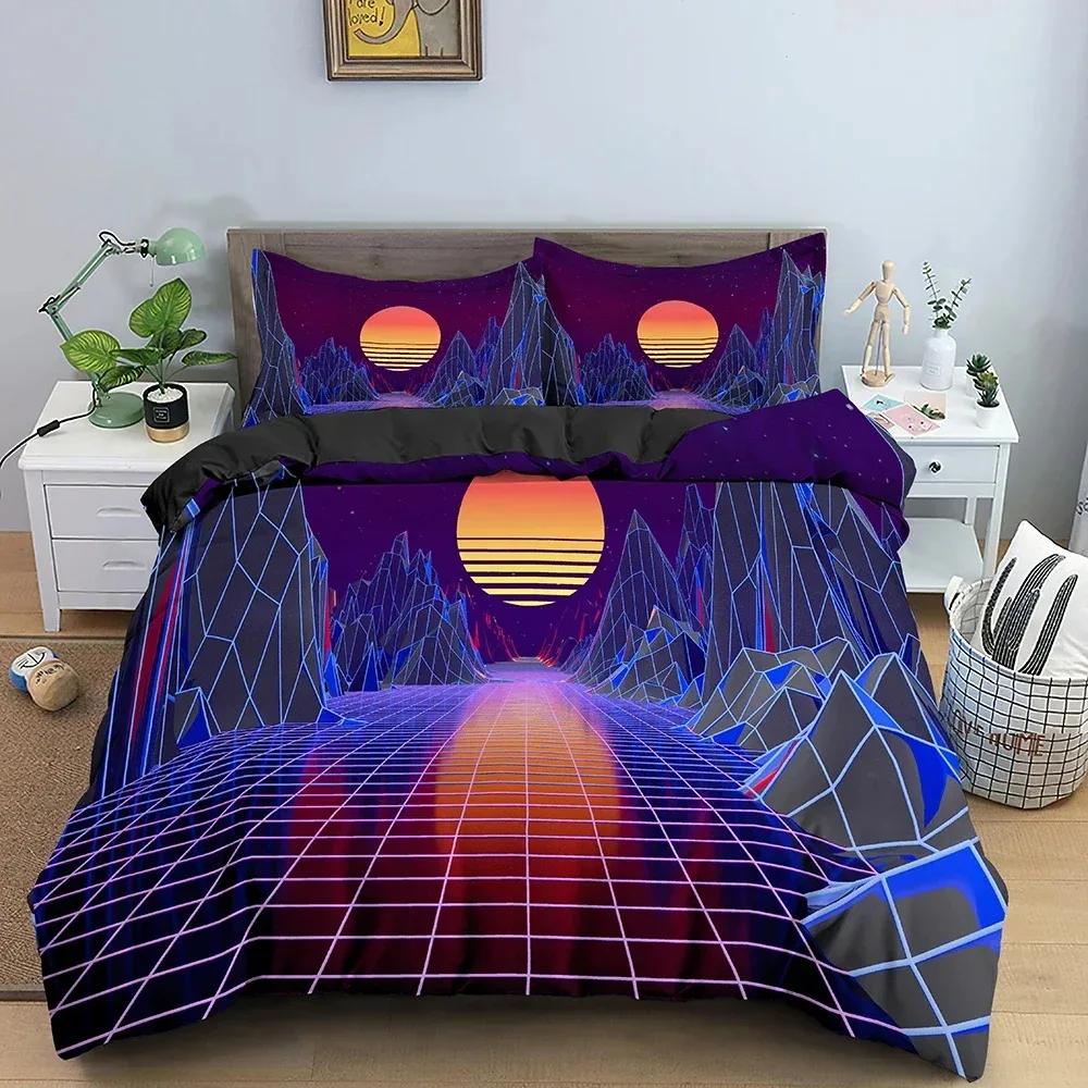 Retro Bedding Set Abstract Duvet Cover Set Waves And Sunset Pattern Comforter Cover With Pillowcase King Queen Home Textiles