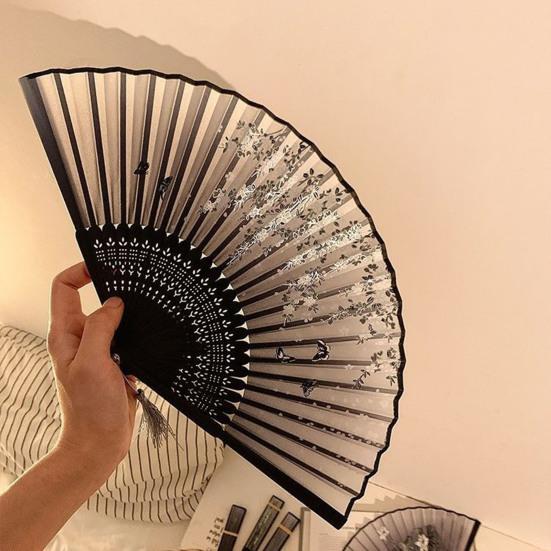Floral Print Folding Fan with Tassel Chinese Style Hand Held Fan Portable Summer Cooling Fan Dance Performance Party Photo Props