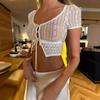 QICED Women's Dress Button Sexy Lace Short Waist Bare Short-sleeved T-shirt Top Strap Slim Cardigan