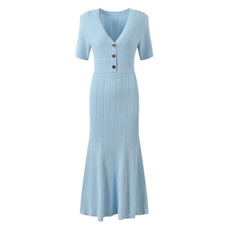 Elegantní francouzské pletené džínové svetrové šaty s krátkým rukávem