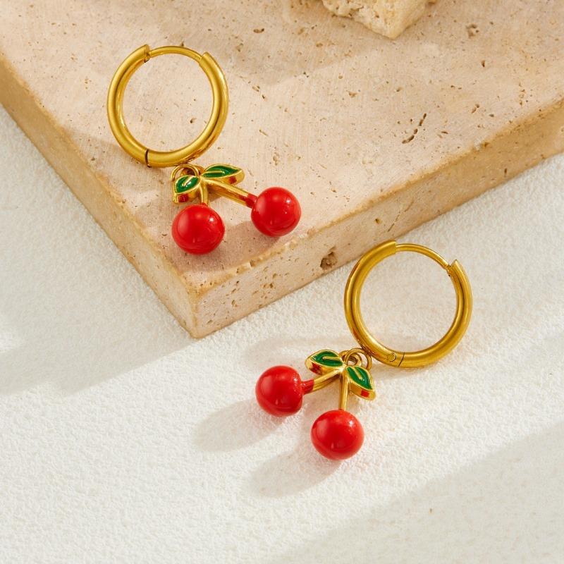 Set de Joyería de Cereza de Acero Inoxidable Chapado en Oro (Collar y Pendientes de Aro) para Mujer, Colgante de Fruta Esmaltada