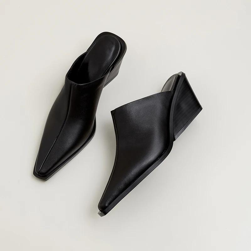 Fashion Brand New Ladies Genuine Leather Mules Fashion Med Chunky Heels Summer Wedges Slippers Women 2025 Casual Office Shoes Woman
