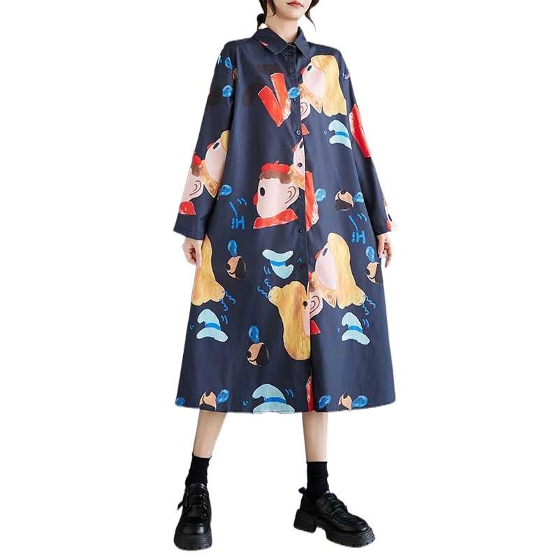 New Loose Large Size Oceanic Printing Mid-length Literary Retro Dresses