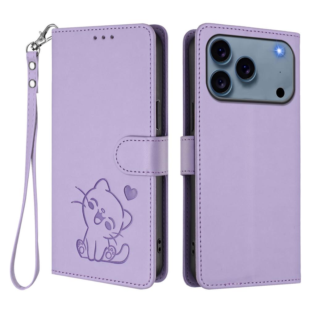 Für iPhone 17 Pro Max Brieftasche Hülle mit Handschlaufe Love Cat Muster Prägung Leder Handyhülle