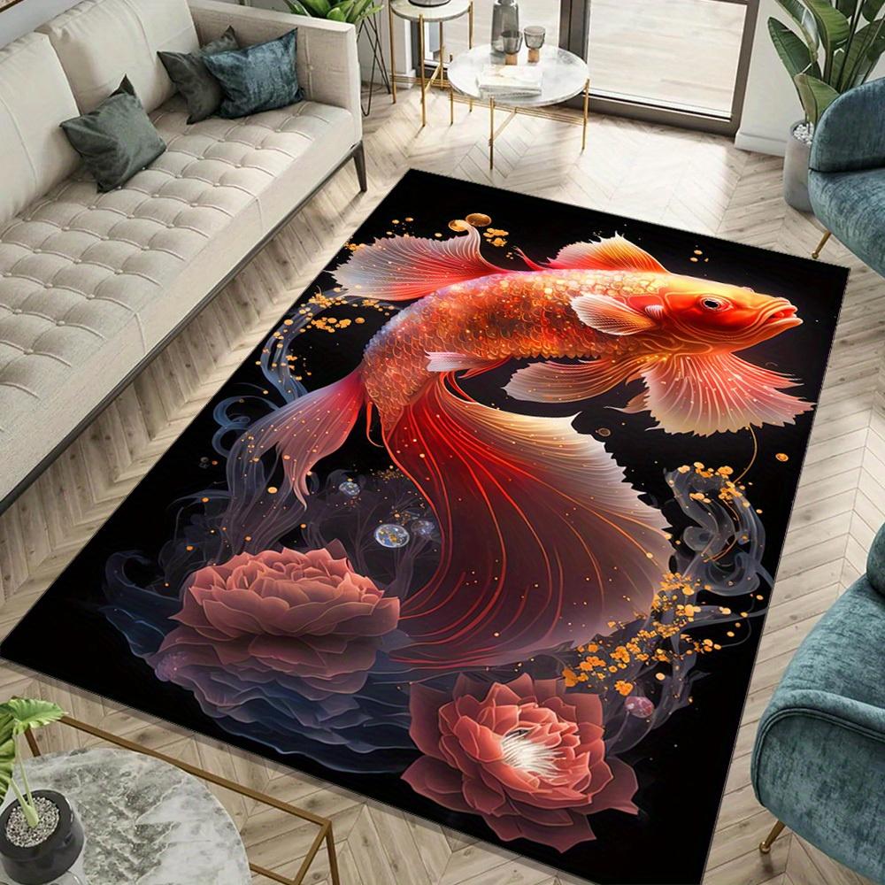 Luxurious Koi Fish Carpet with Golden Accents,  Crystal Velvet Anti-Slip Area Rug, Elegant Home Decor for Living Room or