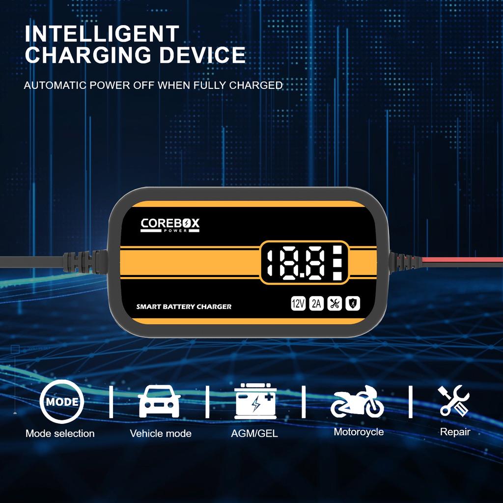 Lead Acid AGM Gel Charger Intelligent Car Motorcycle Battery Charger with LCD Display for Car/RV/ATV/Boat 12V 2A Automatic