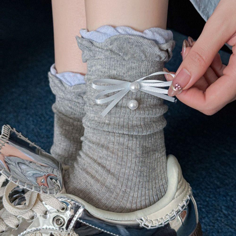 5Pairs Ruffle Mid Tube Socks Thin Sweet Socks Women Solid Color Bowknot Pearl Socks  Lady