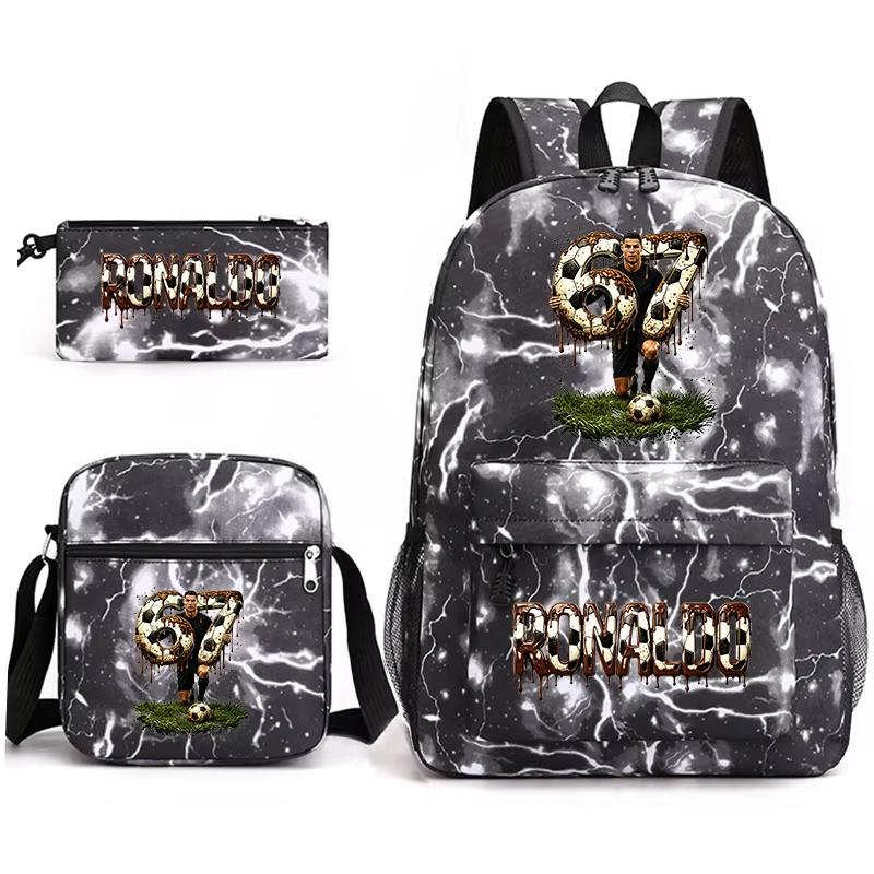 Cr7 Ronaldo 67 Patroon Schoolrugzak Set met Schoudertas en Etui voor Tieners Kinderen Meisje Jongen Lichtgewicht Ruime Schooltas