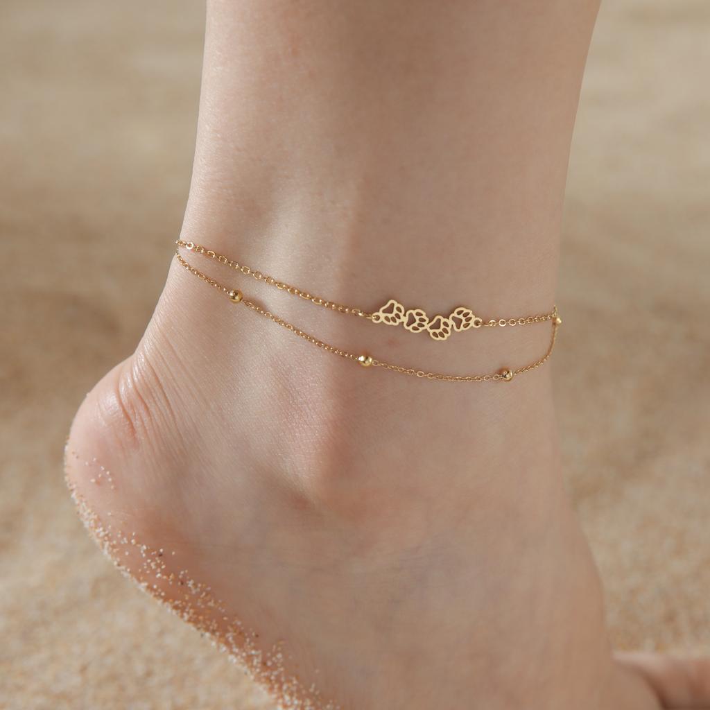 Bohemian Continuous Paw Print Pendant Double Layer Bead Ankle Chain Foot Jewelry for Women