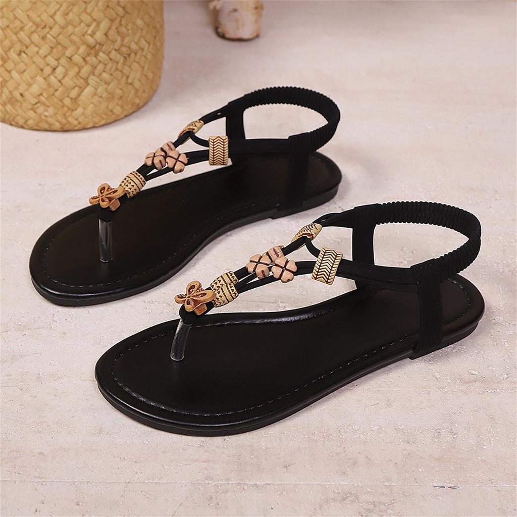 Women's Plus Size Beaded Butterfly Embellished Round Toe Casual Flat Sandals Comfortable Slip On Summer Footwear for Daily Wear