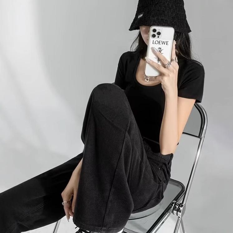 Women's Extra Long Fleece-Lined High Waist Black Wide-Leg Jeans for Autumn/Winter 2025