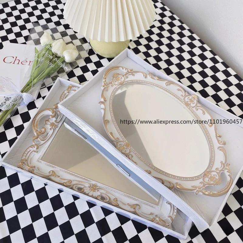 Europäischer Stil Retro Schminkspiegel Tablett Schminktisch Schmuck Kosmetik Parfüm Aufbewahrungstablett Dekoration Display Heimschmuck