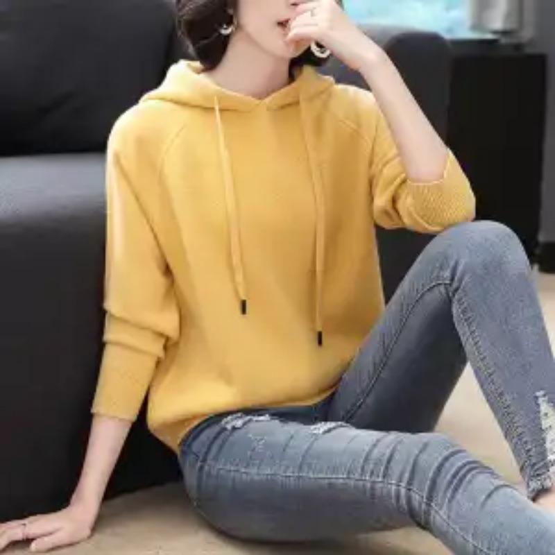 

Осенний утолщенный свитер, толстовка с капюшоном, женский топ с длинным рукавом, свободный свитер с капюшоном, внутренний слой XXL жёлтый
