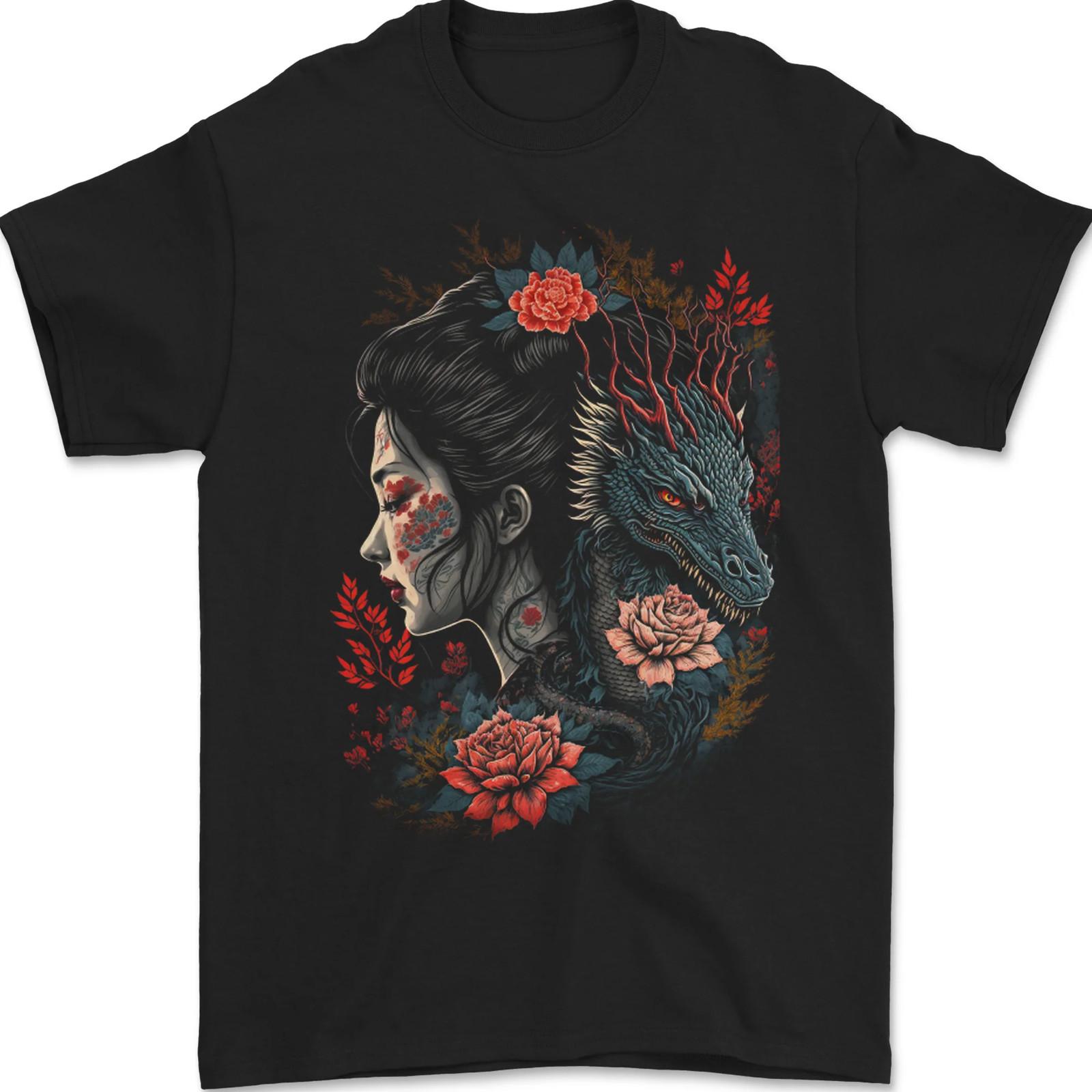 Fantasy Geisha Girl With Dragon & Roses Mens T-Shirt 100% Cotton S