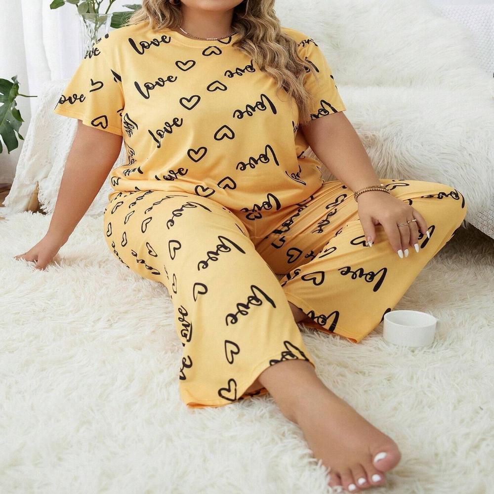 Frühling Sommer Übergröße 5XL Damen Grafikdruck Pyjama Set Zweiteiliger Schlafanzug Anzug Loungewear Kurzarm Oberteil und Hose Pyjama Damen Homewear