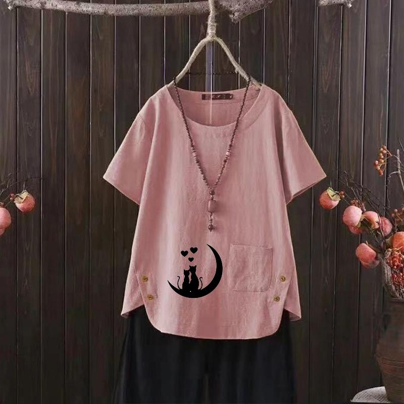 

Женский летний хит продаж, стильная повседневная футболка с бесплатным графическим принтом, винтажная льняная рубашка с круглым вырезом, рубашка с короткими рукавами, топ s-4xl 4XL розовый