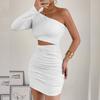 Fashion Single Shoulder Sleeve Hollow Out Dress Spicy Girl Slant Shoulder Hip Wrapping Sexy Party Short Dress Pleated Solid Colar Elegant Clothing