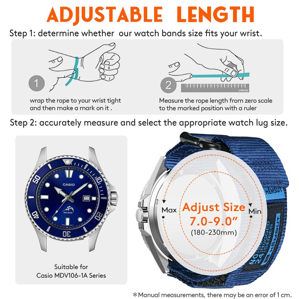 Szybko odpinany pasek do zegarka Casio Duro 22mm Nylonowy Sportowy Zamiennik MDV106-1AV / MTP-VD01 / MTP-VD02 / MTP-1374,