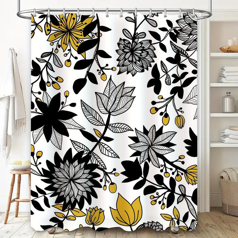 Black White Yellow Floral Printed Bath Shower Curtain Waterproof Home Decor 180x243cm Size Customizable Polyester Fabric for Bat