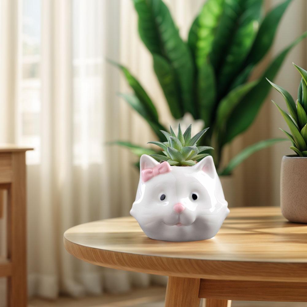 Cute Cat Flower Pot Ceramic Cat Succulent Plant Pots Vase Bonsai Decorative Multi-Function Flowerpot with Drain Hole Home Decor