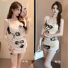 Sexy mesh printing hip-wrapped suspender off-the-shoulder celebrity temperament store cross-backing waist and thin dress