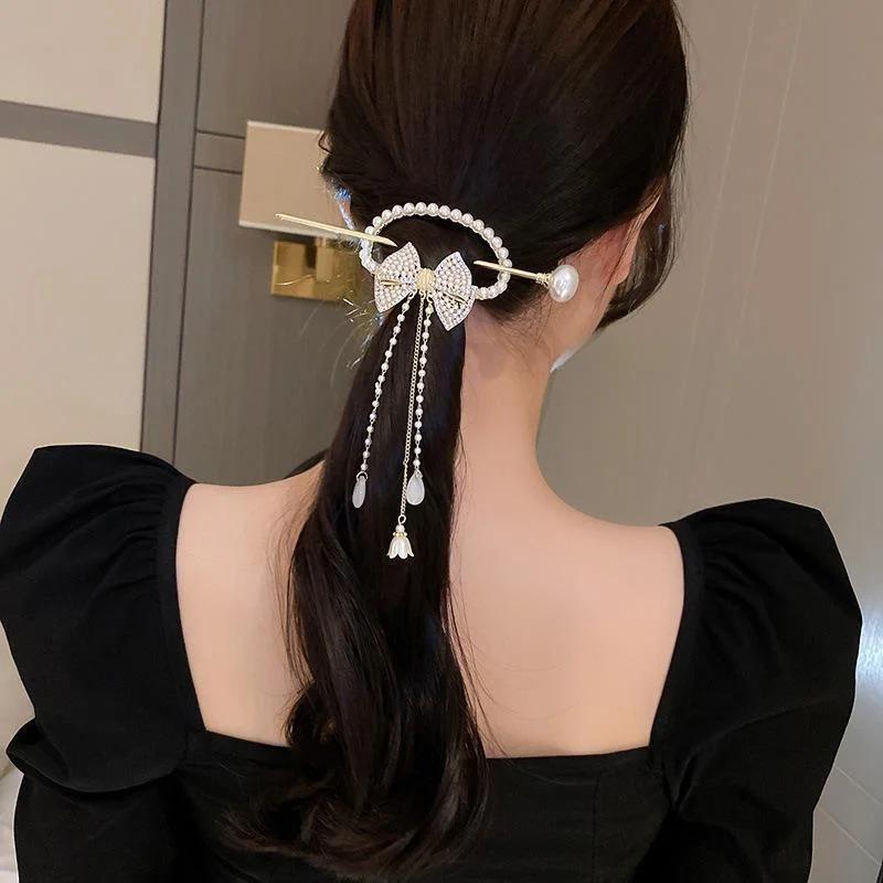 Vintage Rose Pearl Tassel Bow Hair Hairpin Chinese High-end Rhinestone Hair Accessory Women's Fashion Jewelry Headwear Wholesale
