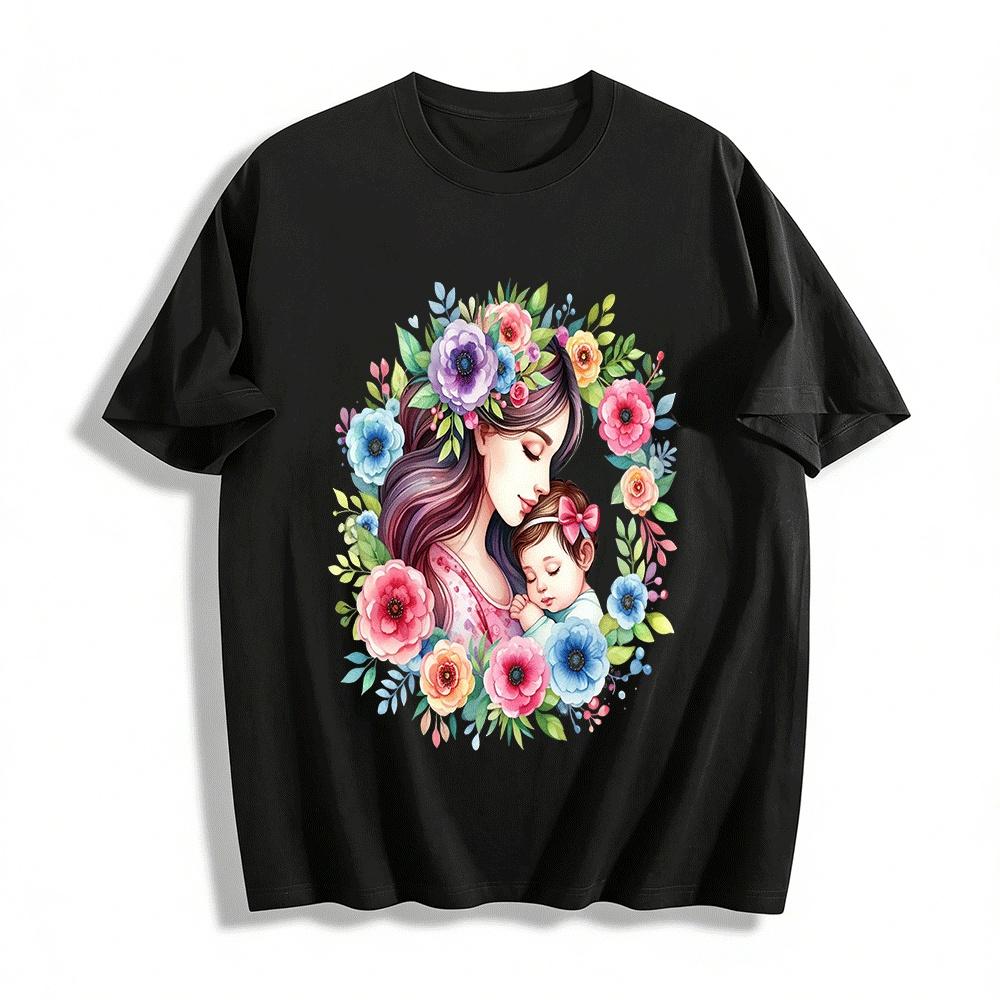 Floral Print Mom And Baby Hug Casual Parent-child T-shirts Pure cotton T-shirt XXS