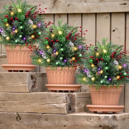 Yousheng Pre-lit Christmas Tree Urn Filler Battery Operated Artificial Xmas Tree with Cones Berries Holiday Porch Planter Filler with Tripod Stake