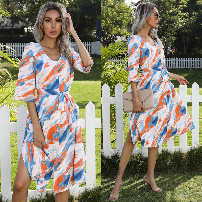 

New printed skirt tie-dye slim V-neck mid-sleeve button dress XL синій