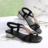 Square Toe Beaded Low-heeled Sandals Women's New 2025 Summer Thick-heeled Roman Sandals