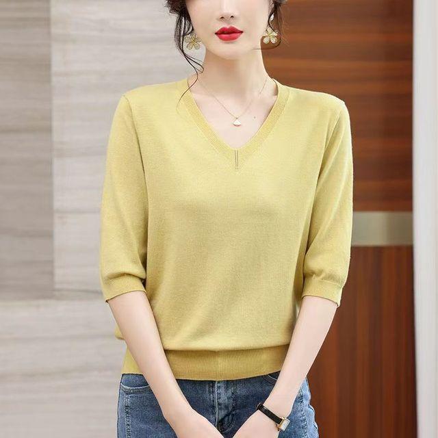 

Нова літня футболка з V-подібним вирізом Жіноча вільна тонка трикотажна сорочка Однотонний трикотажний топ із піврукавом S-3XL XXXL жовтий