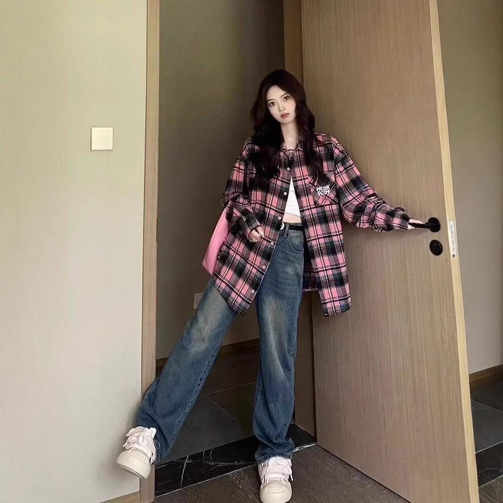 

Korean Retro Minimalist Plaid Long-Sleeved Shirt Jacket for Women – Versatile Spring/Fall Wear M