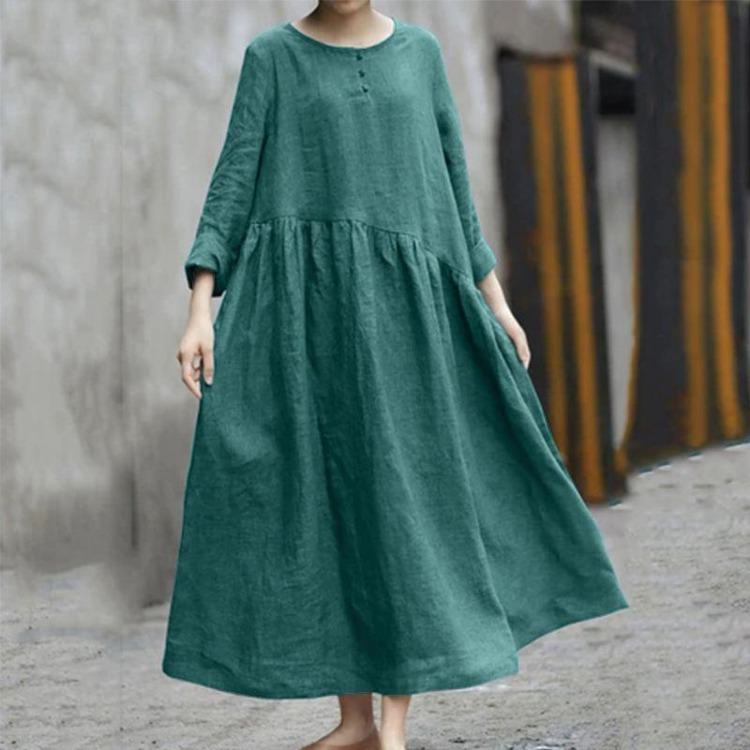 Plus Size Women Long Sleeve Cotton Linen Solid Color Round Neck Pocket Long Dress Irregular Patchwork Hem Dress