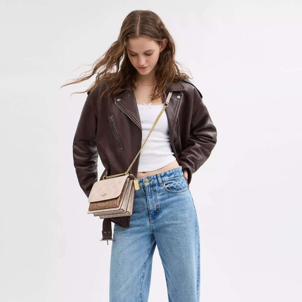 Coach Klare Crossbody Bag In Blocked Signature Canvas Gold Walnut Tan