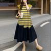ZANZEA Women Round Neck Ruffles Short Sleeve Casual Stripe Patchwork Long Dress