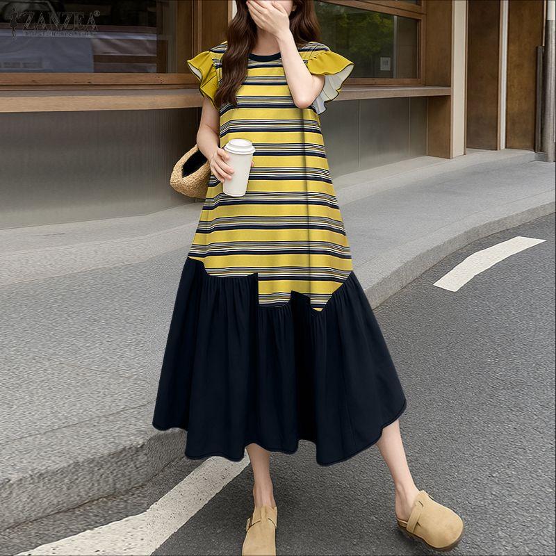 ZANZEA Women Round Neck Ruffles Short Sleeve Casual Stripe Patchwork Long Dress