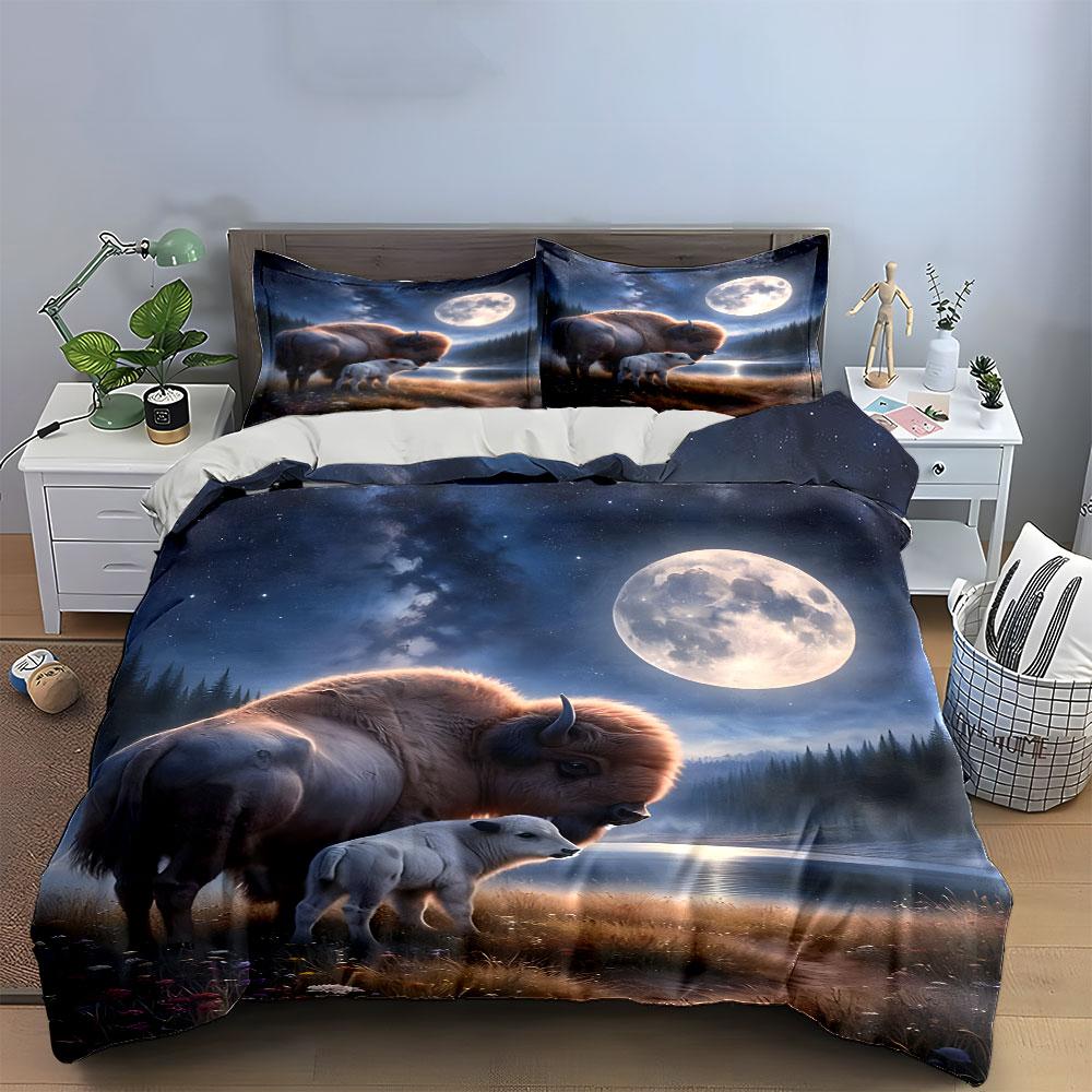 Majestic Bison and Calf Scene Bedding Duvet Cover Set (1*Duvet Cover 2*Pillowcases, Without Duvet Insert)