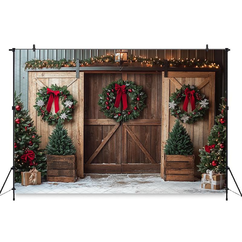 Mocsicka Christmas Wood Door Background Photography Room Wreath Tree Wall Backdrop Shooting Props Party Decoration Studio Banner