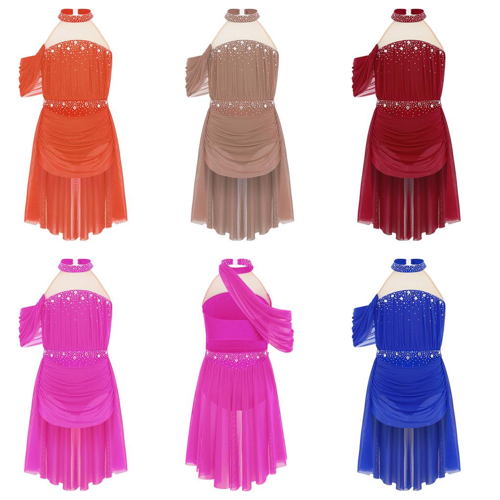 Girls Performance Dress Lyrical Costume Halter Backless Cutout Back Rhinestone Detail Ruched Mesh Draped Skirt