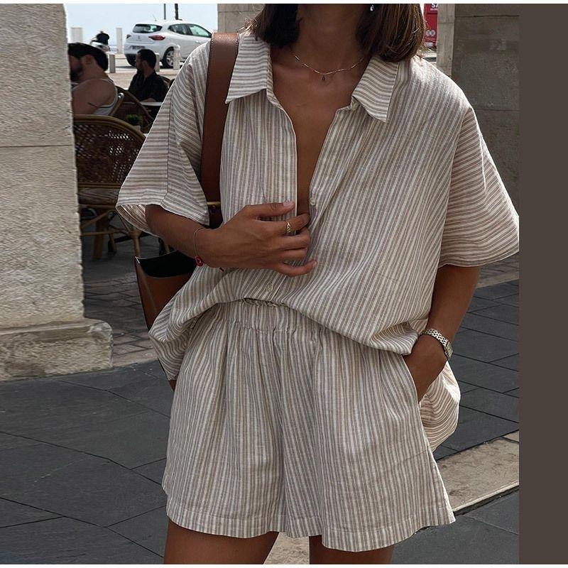 Striped Shirt Shorts Set Western Style New Fashion Loose Stripe Shirts Shorts Set