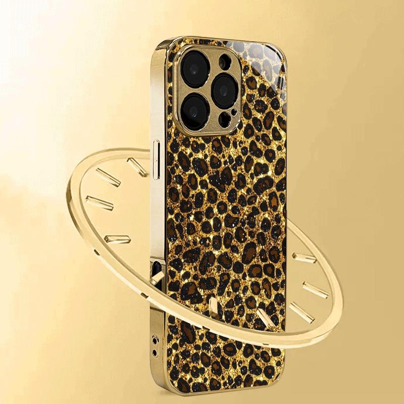 Shining Leopard Print Gold Metallic Paint Tempered Glass Phone Case For iPhone 17 16 15 14 13 12 11 Pro Max Plus 17Air 16E Cover