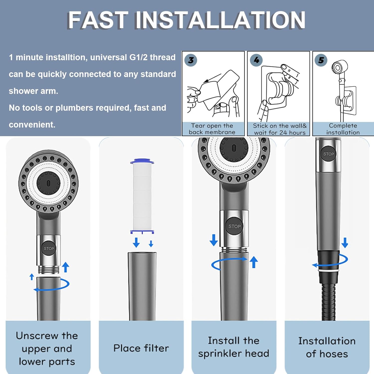 

Ионная душевая лейка со шлангом 60 дюймов, душевая лейка с 4 режимами распыления с ручным душем для жесткой воды, съемная фильтрующая душевая головка, душ высокого давления